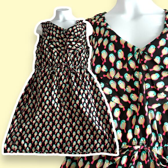 BeBop Bird Print Dress Sleeveless Pockets Black Pink Blue Twee w/ Pockets Large - Picture 1 of 10